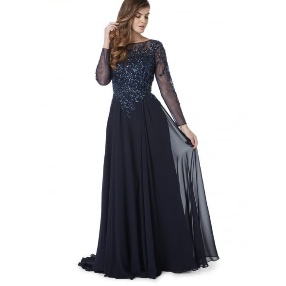 Goya Gowns 806092 Beaded Lace Sleeves Chiffon Skirt | Navy - Colours of ...